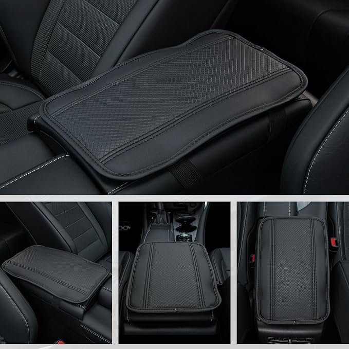 Car Center Console Cover, Upgraded Leather Car Armrest Cushion, Universal Waterproof Cushion Pad, Non-Slip Car Interior Accessories, Fits Most Sedans SUVs Trucks (Black Line)