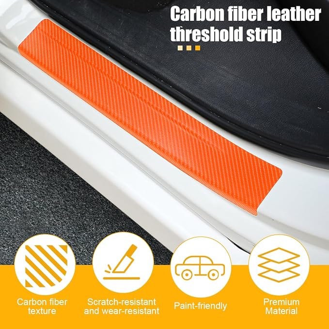 4PCS Car Door Sill Protector, 3D Carbon Fiber Vehicle Entry Edge Guard Trim, Anti-Scratch Automotive Threshold Sill Cover Strips Accessories, Universal for SUV, Sedan, Truck (Orange)