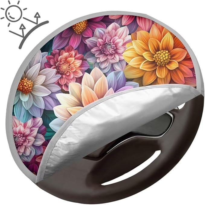 Dahlia Print Steering Wheel Cover Sun Shade 17 inch Cooling Steering Wheel Sun Cover for Heat Protection Universal Auto Accessories Heat Reflector Fit Most Cars SUV Trucks Van