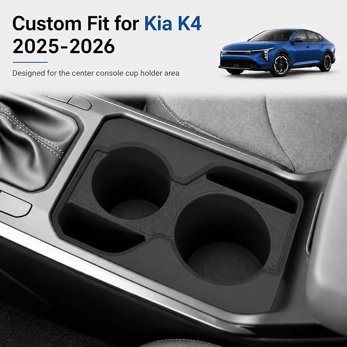 Center Console Cup Holder Insert for Kia K4 2025 2026, Soft Silicone Cup Holder Organizer Tray, Dual Drink Slots, Anti-Slip Interior Storage Bin Accessories, Black
