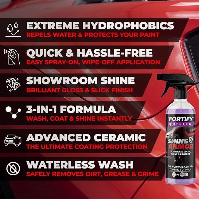 Fortify Quick Coat - 16oz Ceramic Waterless Detailer Spray | 3-in-1 Wash, Wax & Nano-Ceramic Coating | Mirror Shine, Zero Streaks, No Dust Residue | 6-12 Month Protection | Made in USA