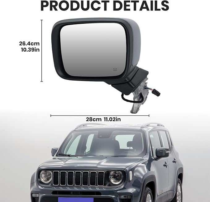 Left Driver Side Mirror Compatible with Jeep Renegade 2015 2016 2017 2018 2019 2020 2021 2022 2023 Door Rear View Mirrors Power Heated with Signal Light Prime Paintable (7 pins)
