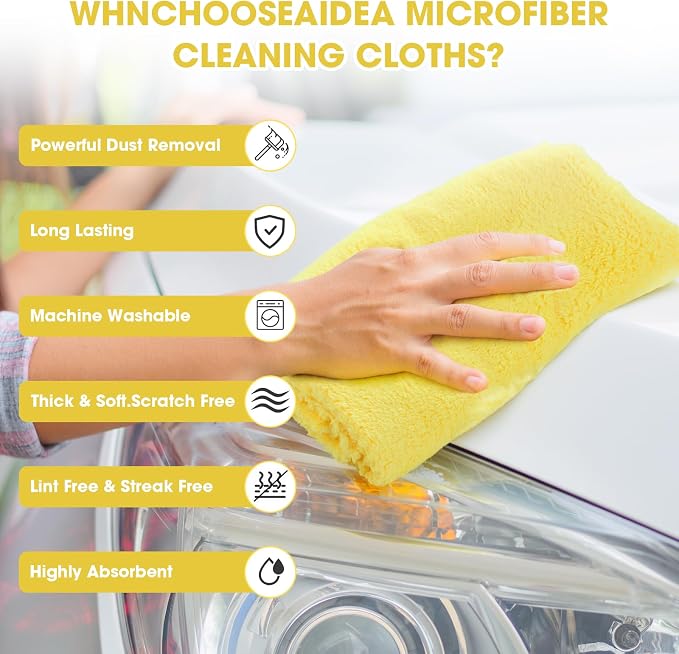 30 Pcs Edgeless Microfiber Plush Towels for Cars Detailing Drying Wash Polishing Absorbent Cleaning Cloths, 500 GSM (16 x 16 Inch,Yellow)