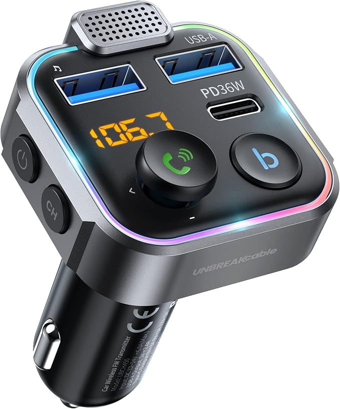 Bluetooth FM Transmitter for Car, PD 38W Fast Charging, Wireless Bluetooth FM Radio Adapter, Car Kit with Hands-Free Calls, HiFi Bass Boost MP3 Music Player Support USB Drive