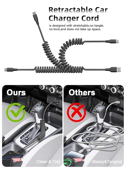 Car Carplay Cable 2Pack Coiled USB A to USB C Fast Charge Cord for iPhone 17/16/15/Plus/Pro Max/MacBook Pro, Auto Retractable iPhone Car Cord Grey