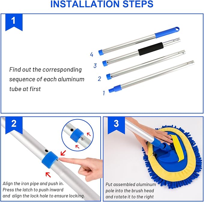 62" Car Wash Brush Kit Mitt Mop Sponge with Long Handle Chenille Microfiber Car Cleaning Brush Kit Supplies Car Washing Mop Kit Car Care Kit of Scratch-Free Replacement Head for Car RV Truck