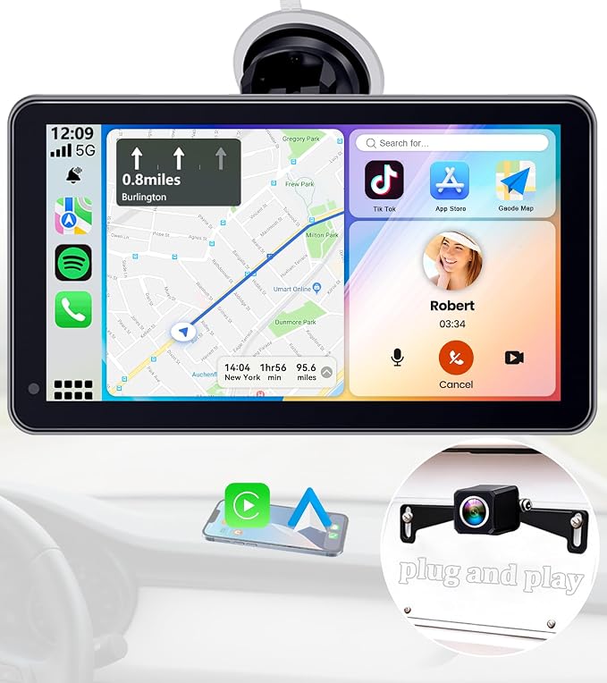 Portable Carplay Screen with Backup Camera - Plug-Play 7-inch HD 1080P Car Touchscreen Supports Both Apple CarPlay & Android Auto - No Dashboard Removal, GPS Navigation, Voice Control, Bluetooth