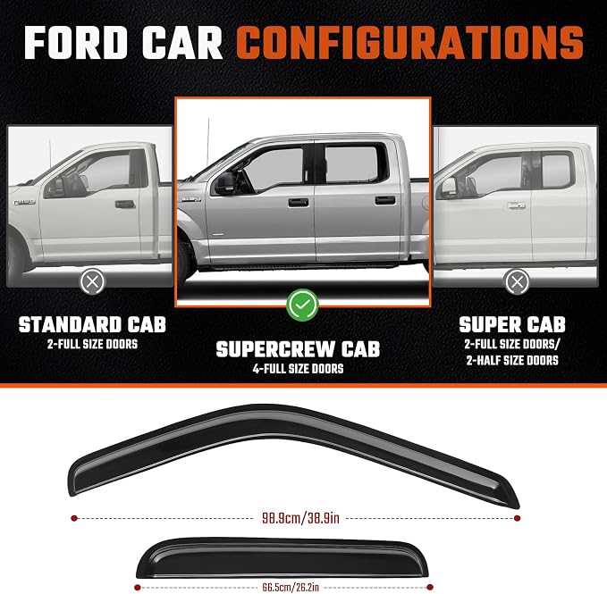 Rain Guards Fit for 1999-2016 Ford F250 F350 F450 F550 Super Duty SuperCrew Cab, Tape-On Side Window Deflector Durable Sun Rain Guard Black 4 PCS