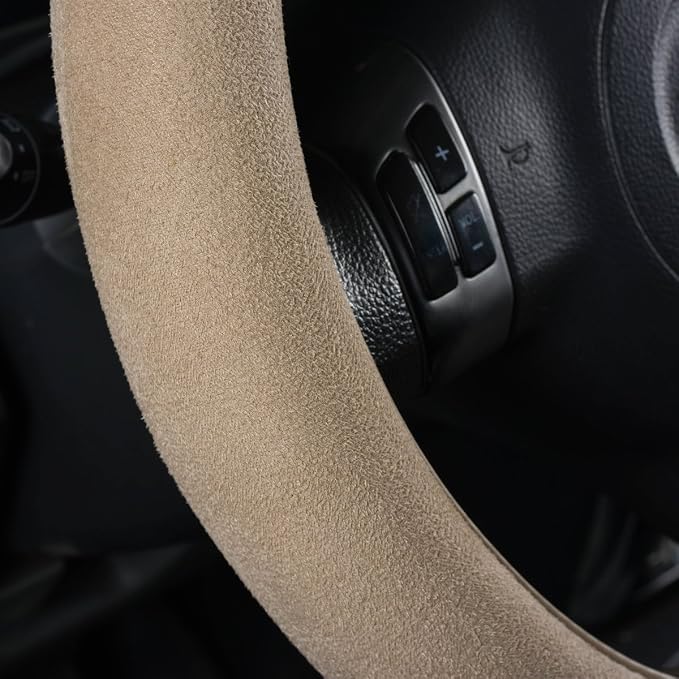 Car Steering Wheel Cover,14.5-15 Inch Beige Faux Suede Universal Memory Foam Auto Steering Wheel Covers Breathable Anti-Slip Odorless Steering Wheels Accessories for Men Women