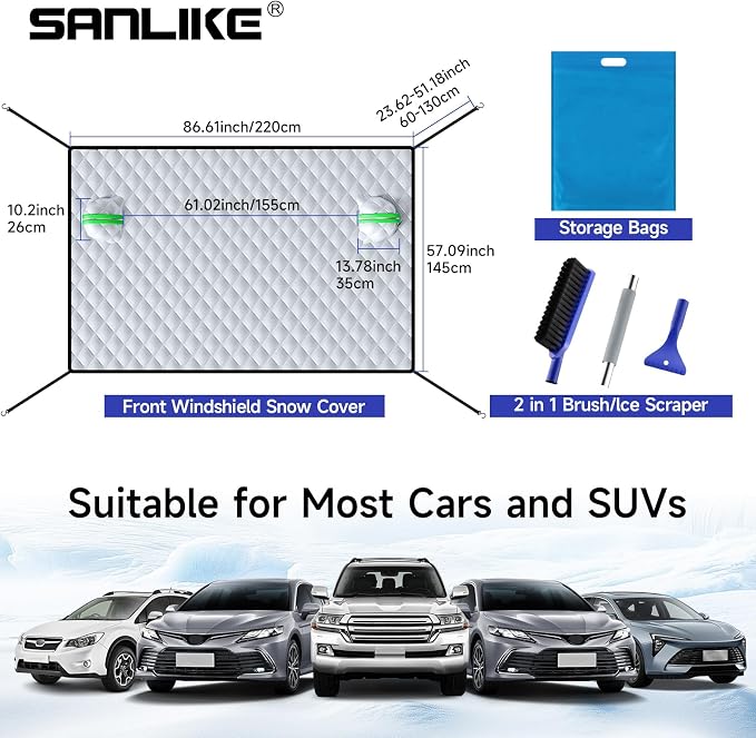 Car Windshield Snow Cover with Side Mirror Cover & 2 in 1 Brush | Thickened 4 Layers, Cold Protection, Ice Scraper, For Most Cars SUVs Trucks