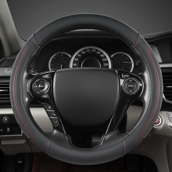 Microfiber Leather Steering Wheel Cover for Honda Accord,Civic,CR-V,HR-V,Pilot(Black+Red Line-Standard Size)