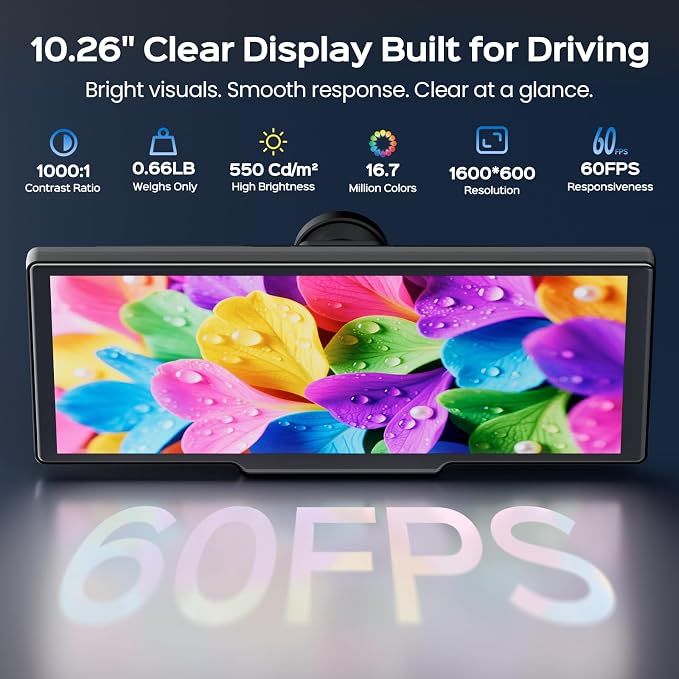 10.26" Portable Apple CarPlay Screen for Car with 4K Dash Cam and 1080P Backup Camera, Wireless Car Play & Android Auto, OTA, GPS Navigation, Voice Control, Mirror Link