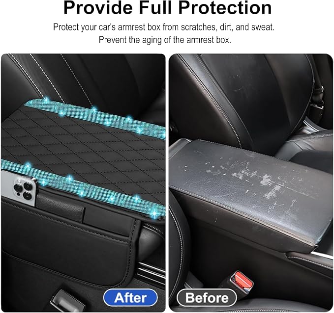 Bling Car Center Console Cover, Leather Car Arm Rest Cover Cushion with 2 Storage Bags, Universal Auto Armrest Protector Storage Box, Bling Accessories Interior for Most Vehicles (Aquamarine)