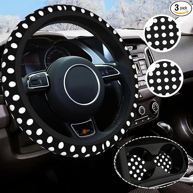 Black White Steering Wheel Cover Universal 14.5-15 Inch Non-Slip Polka Print Dot Car Accessories