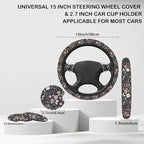 Colorful Wildflower Steering Wheel Cover with 2 Pcs Car Coasters Neoprene Steering Wheel Cover for Women Men Anti-Slip Breathable Car Accessories Universal 15 Inch Fit Auto Cars Trucks