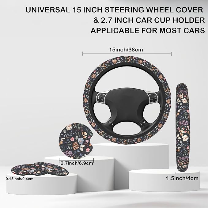 Colorful Wildflower Steering Wheel Cover with 2 Pcs Car Coasters Neoprene Steering Wheel Cover for Women Men Anti-Slip Breathable Car Accessories Universal 15 Inch Fit Auto Cars Trucks