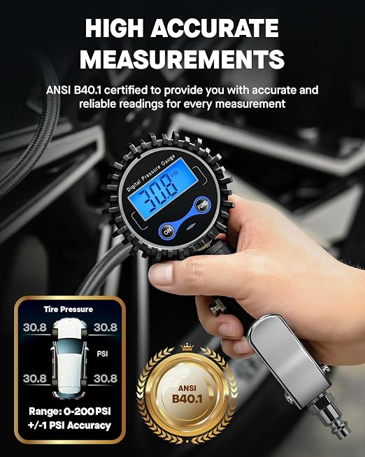 Digital Tire Inflator with Pressure Gauge 200 PSI - Large 2" Digital Dial, Heavy Duty Air Chuck and Compressor Accessories with Tire Tread Depth Gauge and Quick Connect Coupler Car Accessories