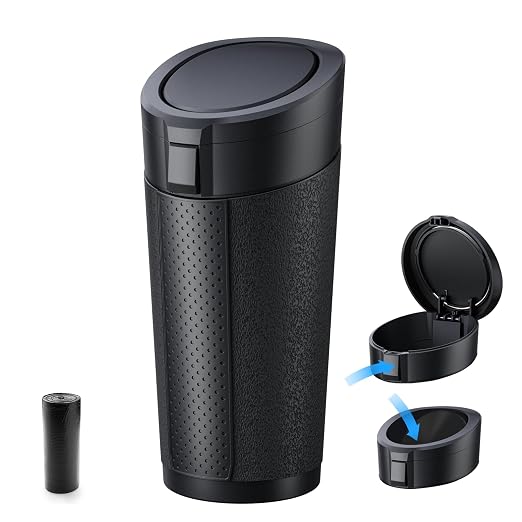 Car Trash Can Cup Holder with Lid, Cup Holder Trash Can for Car, Mini Vehicle Garbage Bin for Cup Holders and Door Pockets, 30 Bags, Black