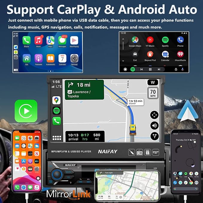 Single Din Touchscreen Car Stereo with Carplay & Android Auto, 7inch Flip Out Screen Car Stereo with Bluetooth Car Audio Receivers, Backup Camera, FM Radio/Mirror Link/USB/AUX/TF/Subwoofer