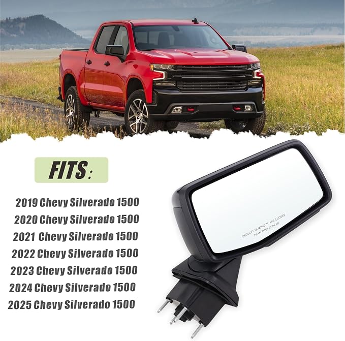 Right Passenger Side Mirror Compatible 2019-2025 Chevy Silverado 1500 With Power Folding Heated Turn Signal Puddle Lights Mirror Memory Temperature Sensor Black Replace#84309684(15Pins)