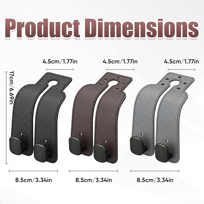 Headrest Hooks for Car, Car Seat Hooks for Headrest, Seat Back Storage Hook, Twinhook Leather Car Headrest Hangers, Seat Back Universal Fit Storage Organizer for Purses and Bags Cute (2, Grey)