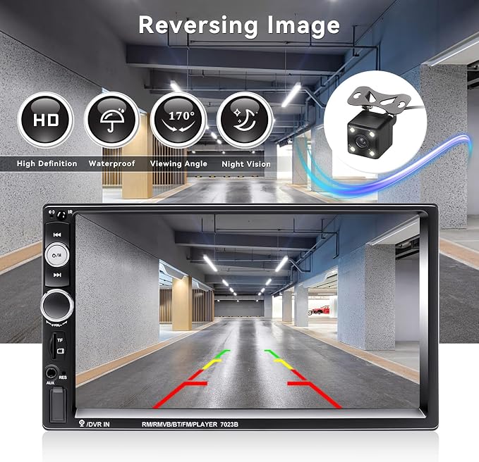 7" Double Din Car Stereo Audio Bluetooth MP5 Player USB FM Multimedia Radio+ 4 LED Mini Backup Camera with Steering Wheel Remote Support Mobile Phone Synchronization (Used in Android/iOS)