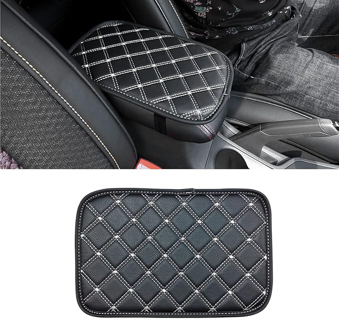 Car Leather Center Console Cushion Pad, 11.4"x7.4" Waterproof Armrest Seat Box Cover Fit for Cars, Vehicles, SUVs, Comfort, Car Interior Protection Accessories (Black/White)