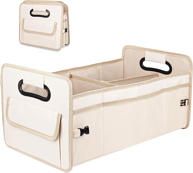 Car Trunk Organizer, Car Organizers and Storage Collapsible Multi Compartment Container Box, Adjustable Car Accessories for SUV Sedan Truck, Large Size, Beige