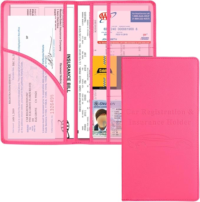 Car Registration and Insurance Holder, Car Accessories Vehicle Glove Box Car Organizer Women Car Accessories with Magnetic Shut for Cards, Essential Document, Driver License, Hot Pink