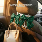 2PCS Satin Bow Pearl Car Seat Headrest Hooks – Car Bag Holder & Vehicle Hanger for Purses – Cute Coquette Aesthetic Interior Decoration – Cute Auto Organizer Accessories Universal (Galactic Green)
