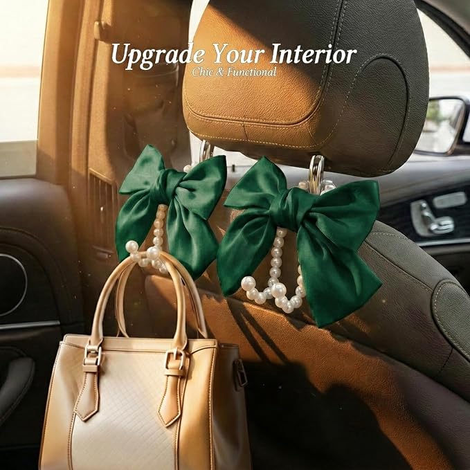 2PCS Satin Bow Pearl Car Seat Headrest Hooks – Car Bag Holder & Vehicle Hanger for Purses – Cute Coquette Aesthetic Interior Decoration – Cute Auto Organizer Accessories Universal (Galactic Green)