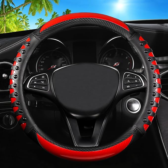 Car Leather Steering Wheel Cover - Carbon Fibre Material, Universal 14.5-15 Inch Leather Anti-Slip Breathable Auto Steering Wheel Covers for Men Women (3D Massage - Sports Red)