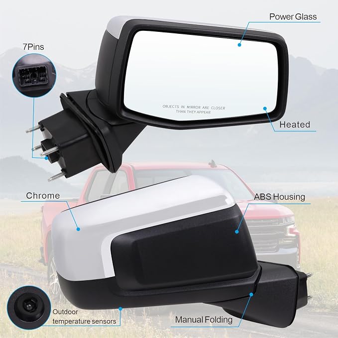Right Passenger Side Mirror Compatible With 2019-2025 Chevy Silverado 1500 With Power Glass Manual Folding Heated Temperature Sensors Without Turn Signal Chrome Replace#GM1321583(7Pins）