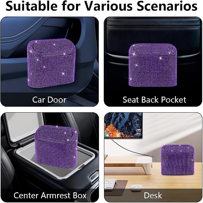 Car Trash Can with Lid, Mini Vehicle Trash Bin Car Dustbin Garbage Organizer,Bling Crystal Automotive Garbage Can Bin Trash Container for Auto Cars, Home, Office,Purple