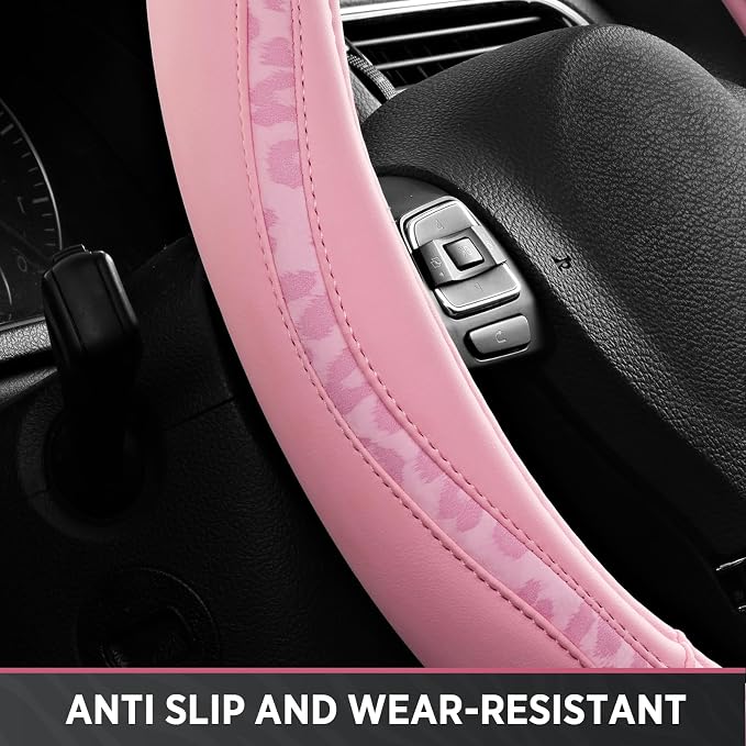 Steering Wheel Cover - Made with PVC Leather and Leopard Fabric - Universal 14 1/2 inches to 15 inches for Most Automotive Steering Wheel - Cheetah Print - All Pink