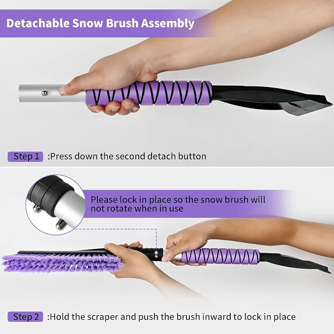 2 Pack 27" Snow Brush and Ice Scraper for Car Windshield - Purple | Soft Non-Scratch Bristles, Non-Slip Foam Grip, Detachable Design, Car Snow Removal Tool for Windshields & Windows