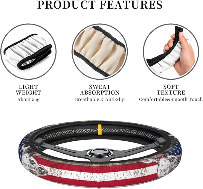 Camo Us Flag Deer Elastic Steering Wheel Cover Non-Slip Breathable Steering Wheel Protector Fit Auto, SUVs, Truck