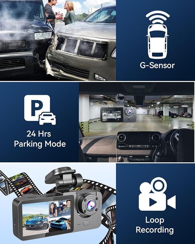 Dash Cam Front and Rear Inside, 3 Channel 4K+1080P Dash Camera for Cars, Free 32GB Card Included, App Control, 2” IPS Screen, G-Sensor, Loop Recording, Night Vision, 170°Wide Angle, Parking Monitor
