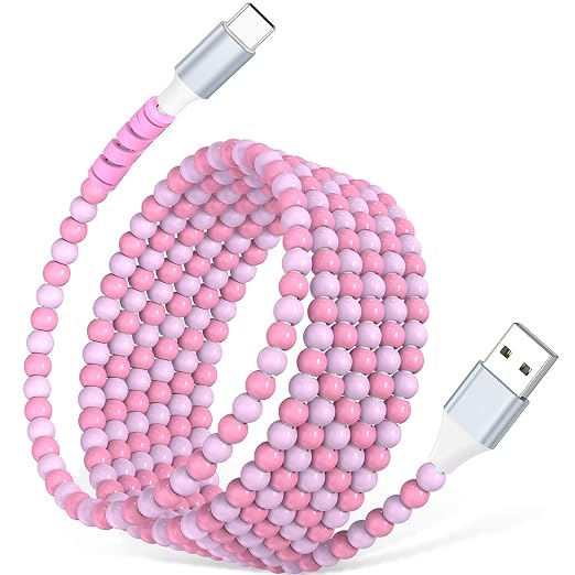 USB A to USB C Cable 6FT,Beaded Charger Cord for iPhone 17 16 Pro Max 16e 15 Car play,Type C Cute Car Charger Cord for iPad 10 11th A16/Samsung S26 S25 S24 S23/Pixel/Android Phone Girls Women,LinkPink