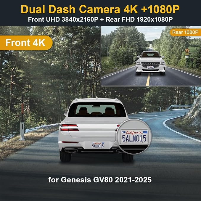 Front 4K+Rear 1080P Dash Cam Adapts for Genesis GV80 2021-2025 (HD2-T6010, Tan Cover), OEM Style, 2 Way HD Video, Built-in WiFi & APP, Loop Recording, G-Sensor, Easy to Operate, 128GB Card