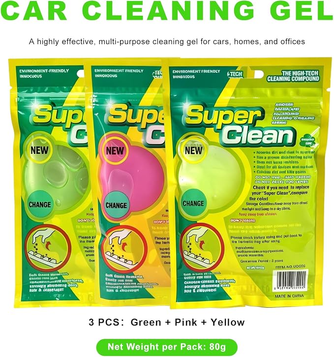 3 PCS Car Cleaning Gels, Reusable Dashboard Dust Removal Slime Auto Detail Cleaner, Universal Cleaning Putty Air Vent Dusting Mud Fits for Vehicles Keyboards Laptops Keys (Green+Pink+Yellow)
