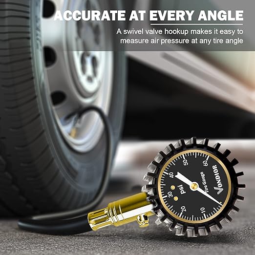 Tire Pressure Gauge with Tube (0-60 PSI), Air Pressure Gauge Certified ANSI Accurate with Large Easy to Read Glow Dial, Tire Pressure Gauge for Car Trucks Bicycle Tires
