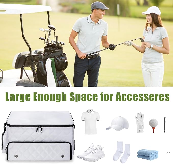 2 Layer Golf Trunk Organizer, Golf Car Storage Organizer with Individual Ventilated Compartment for 2 Pairs Shoes, Golf Car Locker for Balls, Clothes, Tees, Gloves, Accessories (White)