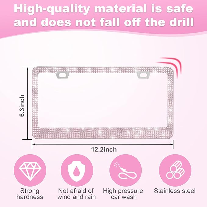 2 Pack Bling License Plate Frames for Women, Sparkly Rhinestone Diamond Car Accessories with Glitter Crystal Caps (Pink)