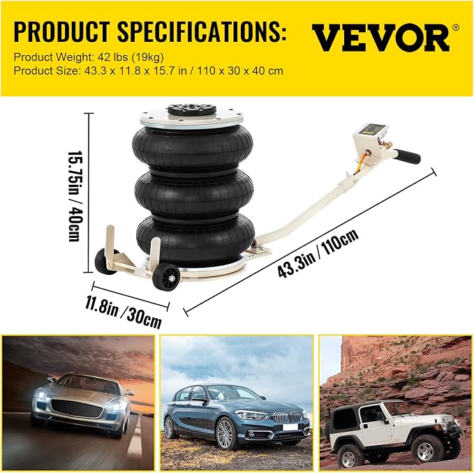 5 Ton/11000 lbs Triple Bag Air Jack, Air Bag Jack Lift Up to 15.75 Inch, 3-5S Fast Lifting, for Cars with Long Handle (Beige)