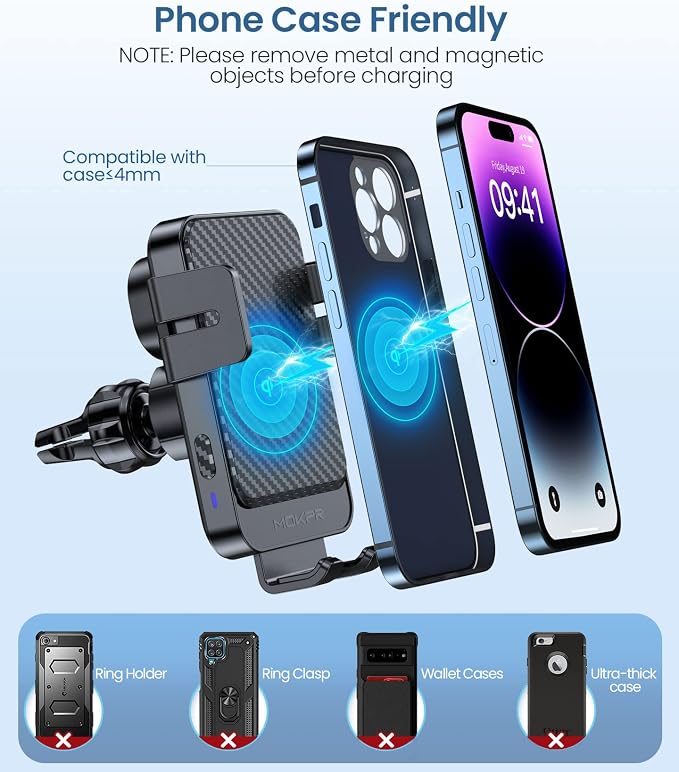 Wireless Car Charger, 15W Fast Charging Auto-Clamping Car Mount Universal Hands-Free Car Charger Mount for Dash Windshield Air Vent Compatible with iPhone 16 15/14/13/12, Samsung S23/S22/S21,etc