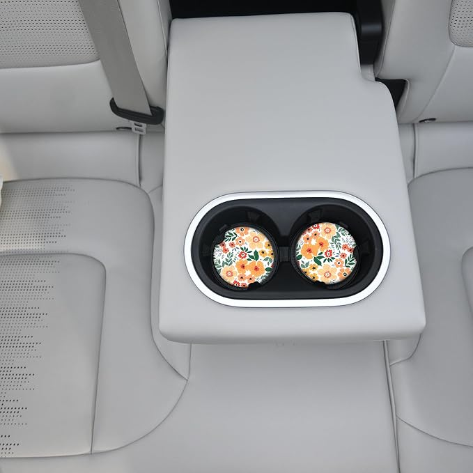 Flowers Absorbent Car Coasters for Cup Holders,2 Pack 2.56" Ceramic Coasters with Cork Back and Finger Slot, Auto Accessories for Women & Men.