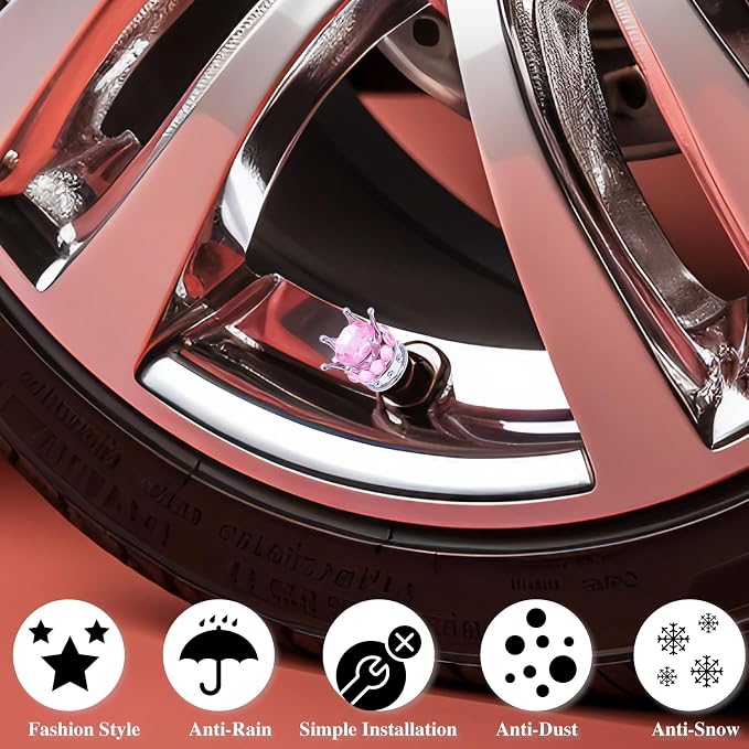 4PCS Crown Bling Tire Stem Valve Caps, Crystal Diamond Car Wheel Tire Valve Caps Universal Copper Core Stem Covers for Cars, SUV, Trucks, Bikes, Motorcycles, Bicycles (Silver & Pink)