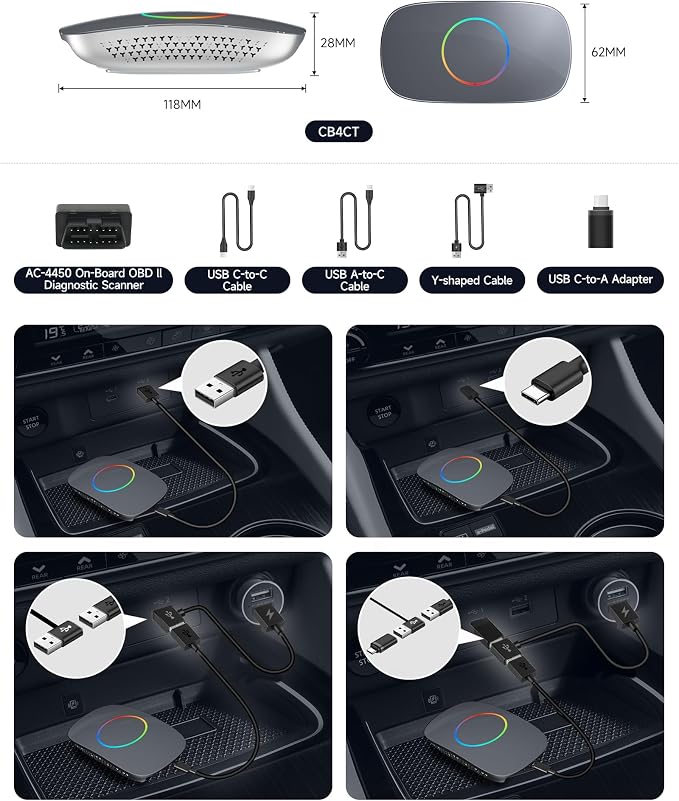 Wireless Carplay Adapter - Magic AI Box CarPlay Android Auto Wireless, Dual Wi-Fi & BT USB Playback, AI-Powered, OTA, Video Box for YouTube, Netflix, CB4CT-GY