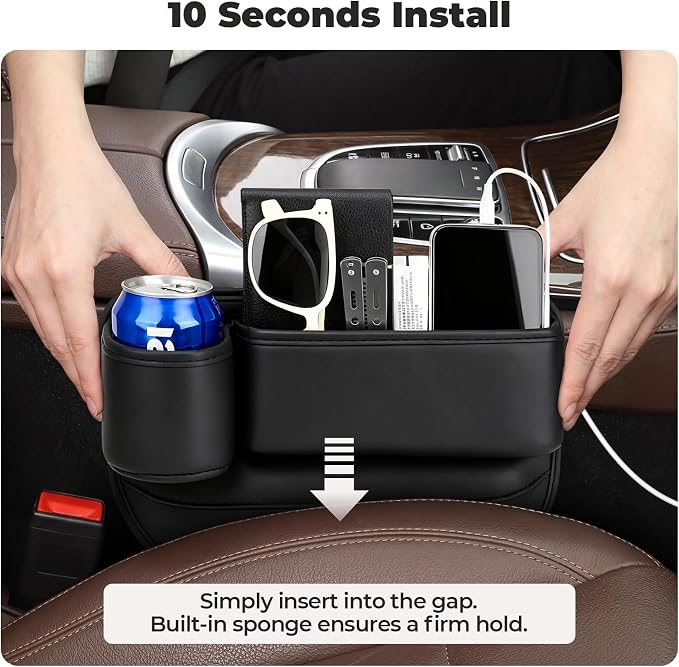 Universal Fit Car Seat Gap Filler Organizer | Extra Storage Organizer with Cup Holder | Easy Access | Premium Leather | Black | 2 Pack